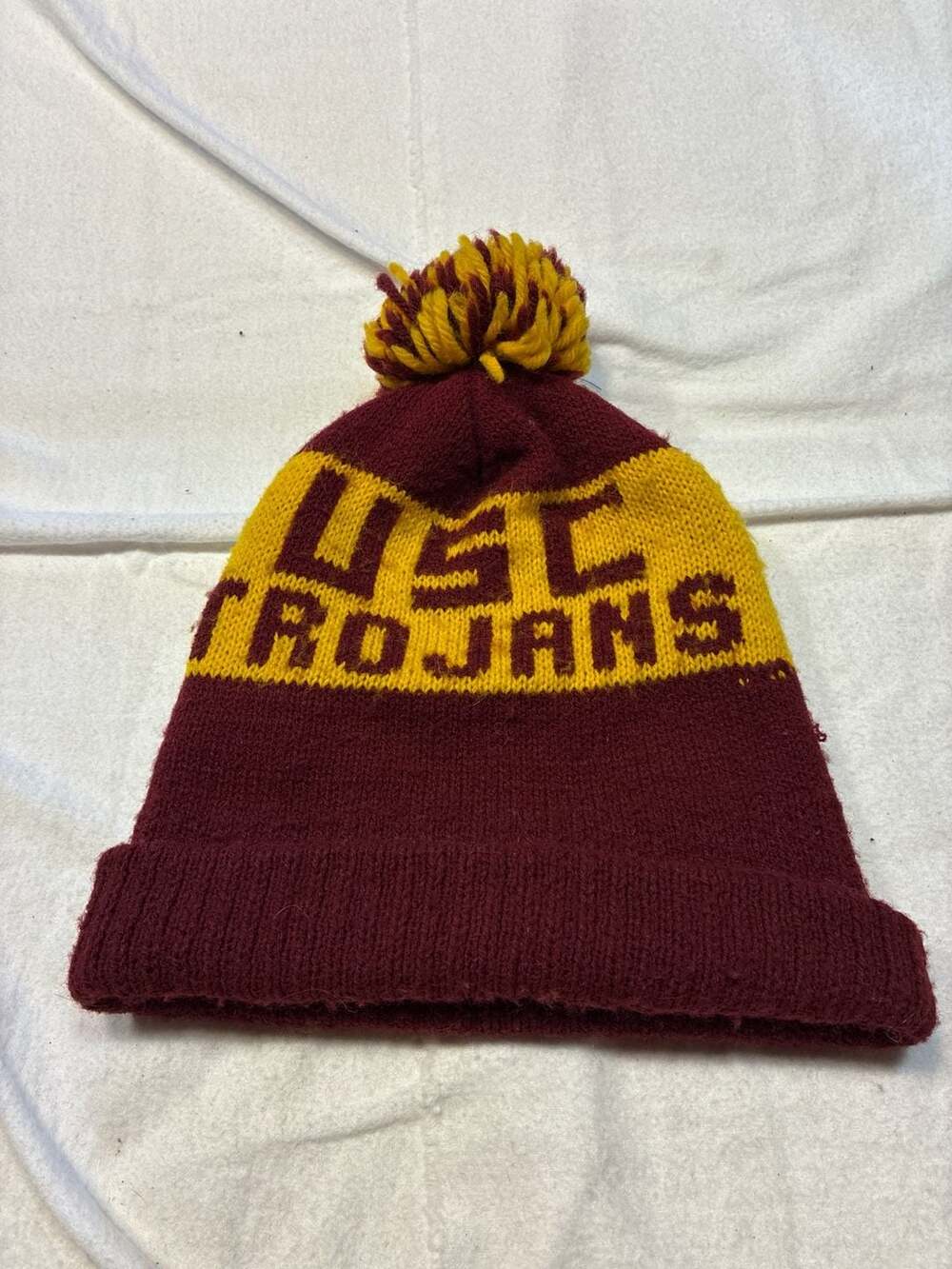 Vintage USC Trojans Pom Pom Knit Beanie Hat Maroon Gold